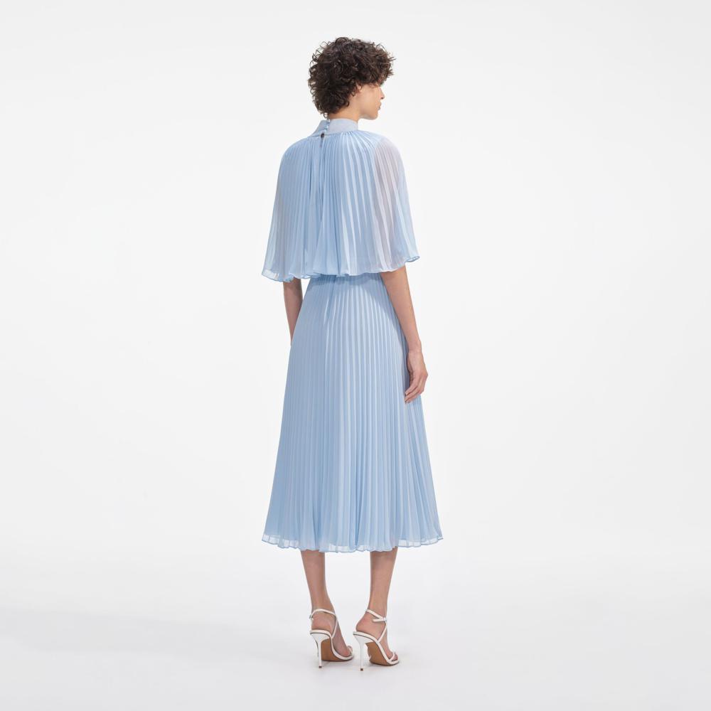 SELF PORTRAIT VIP SS24 Blue Chiffon Cape Midi Dress