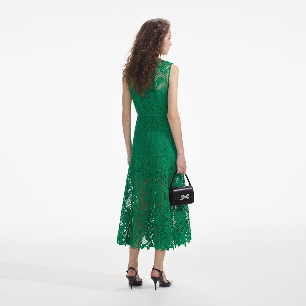 SELF PORTRAIT SS24 Green Lace Sleeveless Midi Dress