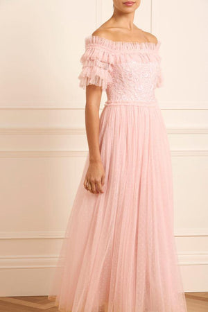 Needle & Thread CYBER SALE Midsummer Lace Bodice Off-Shoulder Ankle Gown - pink