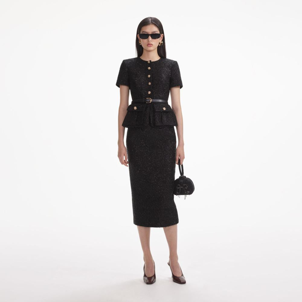 SELF PORTRAIT VIP SS24 Black Tinsel Boucle Tailored Midi Dress