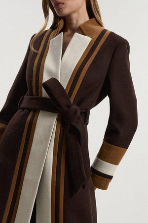 Karen Millen UK SALE Brushed Wool Colour Block Tailored Belted Midi Coat