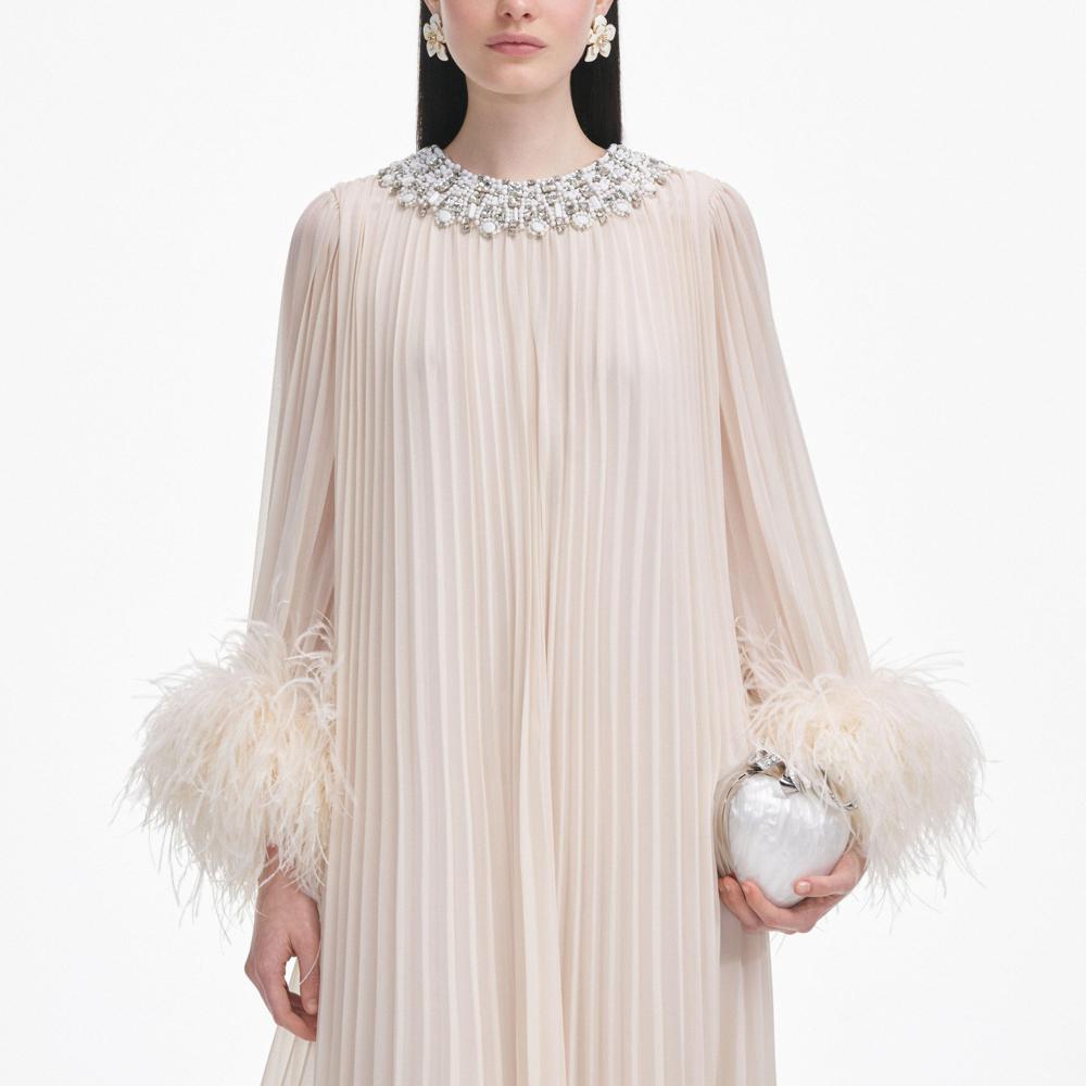 SP VIP PRICE Cream Chiffon Feather Midi Dress