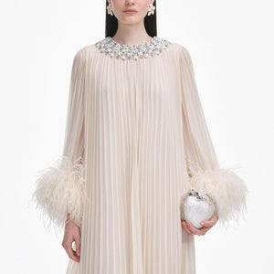 SP VIP PRICE Cream Chiffon Feather Midi Dress