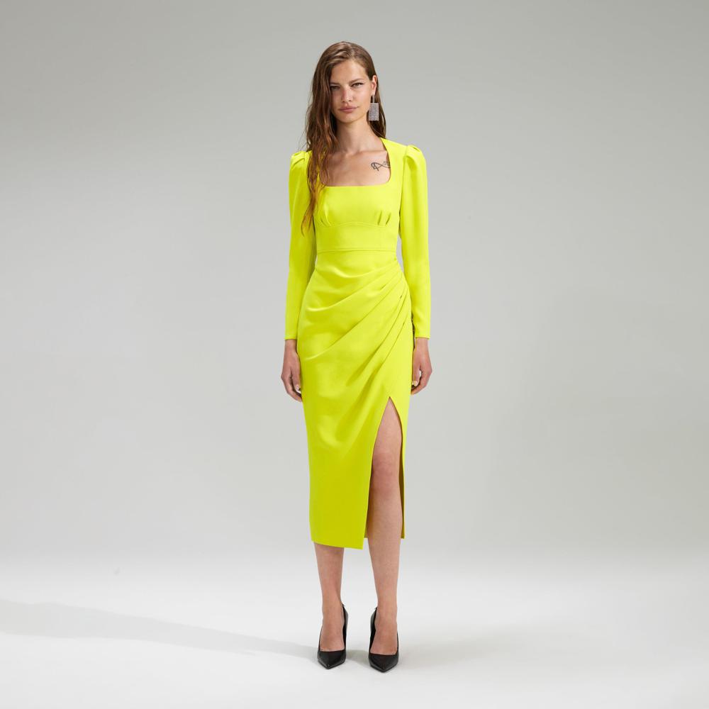 SELF PORTRAIT BLACK FRIDAY SALE Lime Crepe Ruched Midi Dress