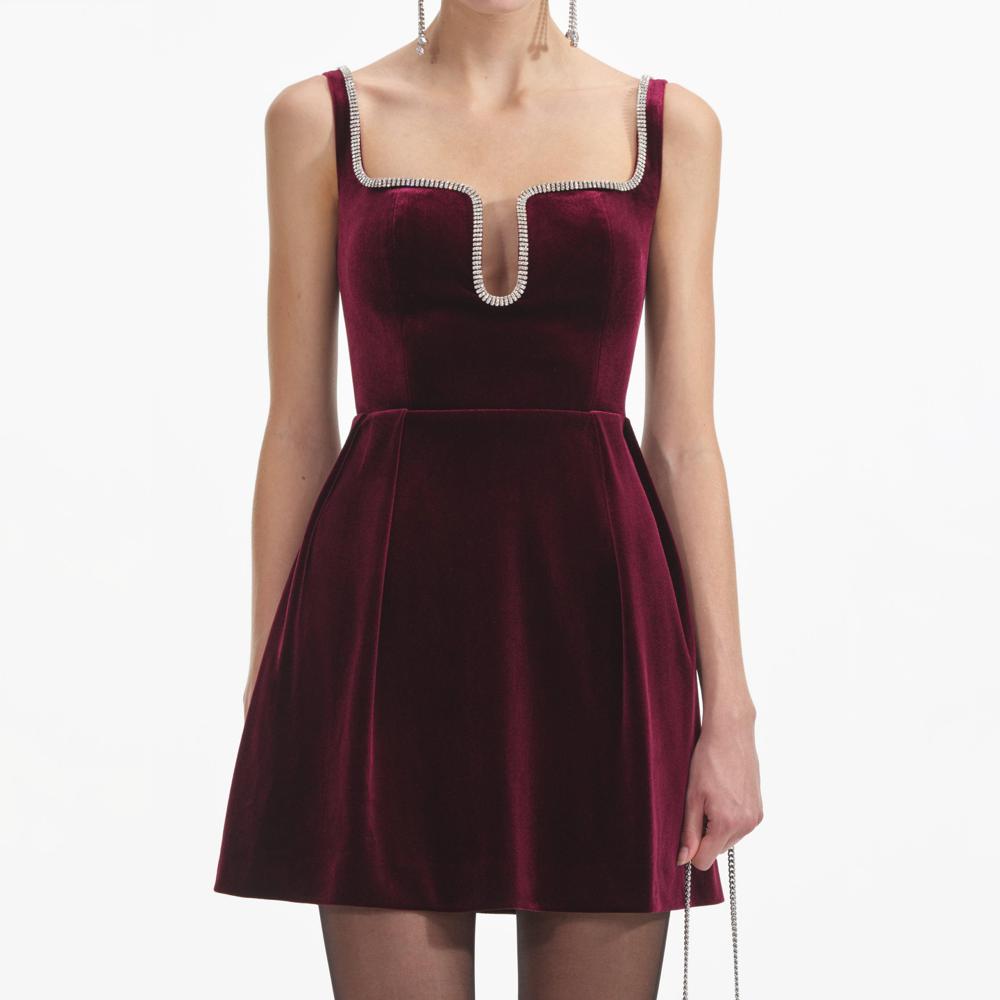 SELF PORTRAIT SS24 Burgundy Velvet Mini Dress