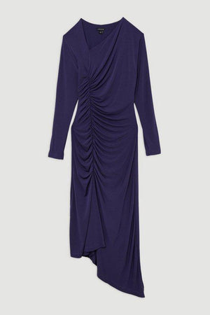 Karen Millen UK SALE Jersey Crepe Ruched Long Sleeve Midi Dress - navy