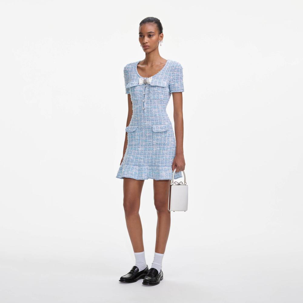 SELF PORTRAIT SS25 VIP PRICE Blue Check Knit Mini Dress
