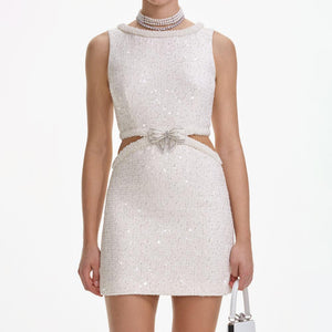 SP VIP PRICE Cream Boucle Pearl Mini Dress