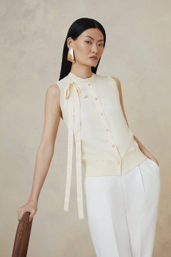Karen Millen UK SALE The Founder Linen Blend Satin Bow Detail Knit Vest - cream