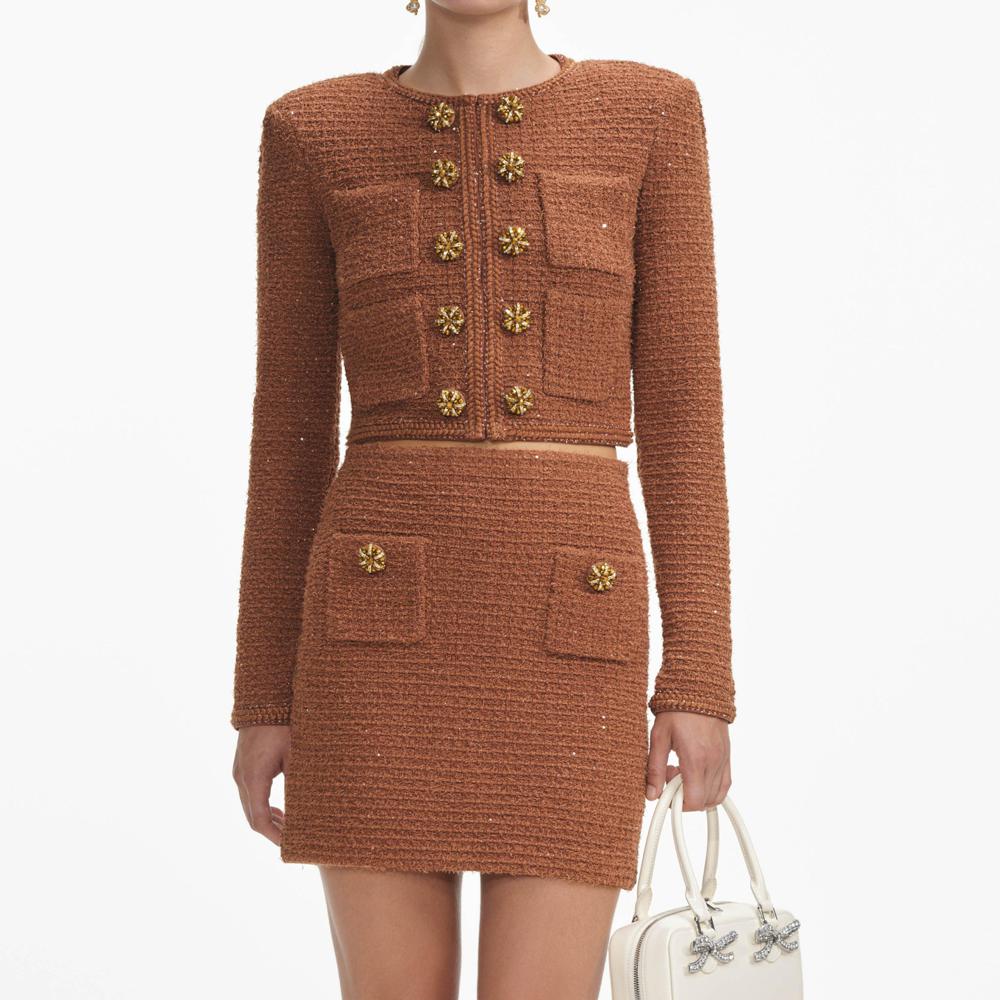 SELF PORTRAIT SS24 Brown Textured Knit Jacket