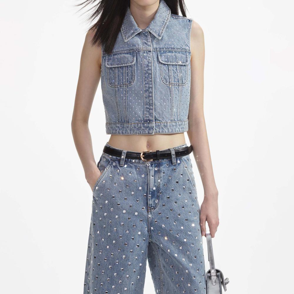 SELF PORTRAIT SS24 Bleach Wash Rhinestone Denim Top