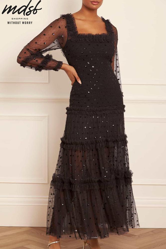 Needle & Thread CHRISTMAS SALE Polka Dot Smocked Long Sleeve Ankle Gown - black