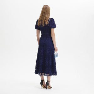 SELF PORTRAIT BLACK FRIDAY SALE Navy Lace Puff Sleeve Midi Dress