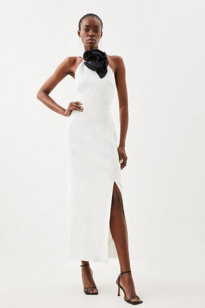 Karen Millen UK SALE Compact Viscose Small Corsage Detail Tailored Halterneck Midaxi Dress - ivory