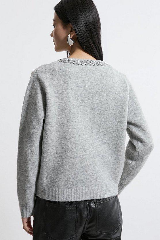 Karen Millen UK SALE Embellished Trim Cosy Knit Cardigan - grey