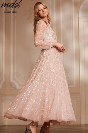 Needle & Thread CHRISTMAS SALE Raindrop Long Sleeve Ankle Gown - beige