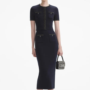 SELF PORTRAIT SS24 Navy Embellished Knit Midi Skirt