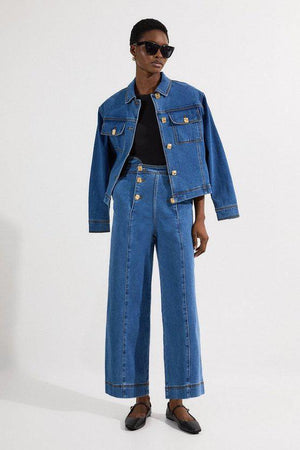 Karen Millen UK SALE Denim Button Front Culottes Trousers - mid blue