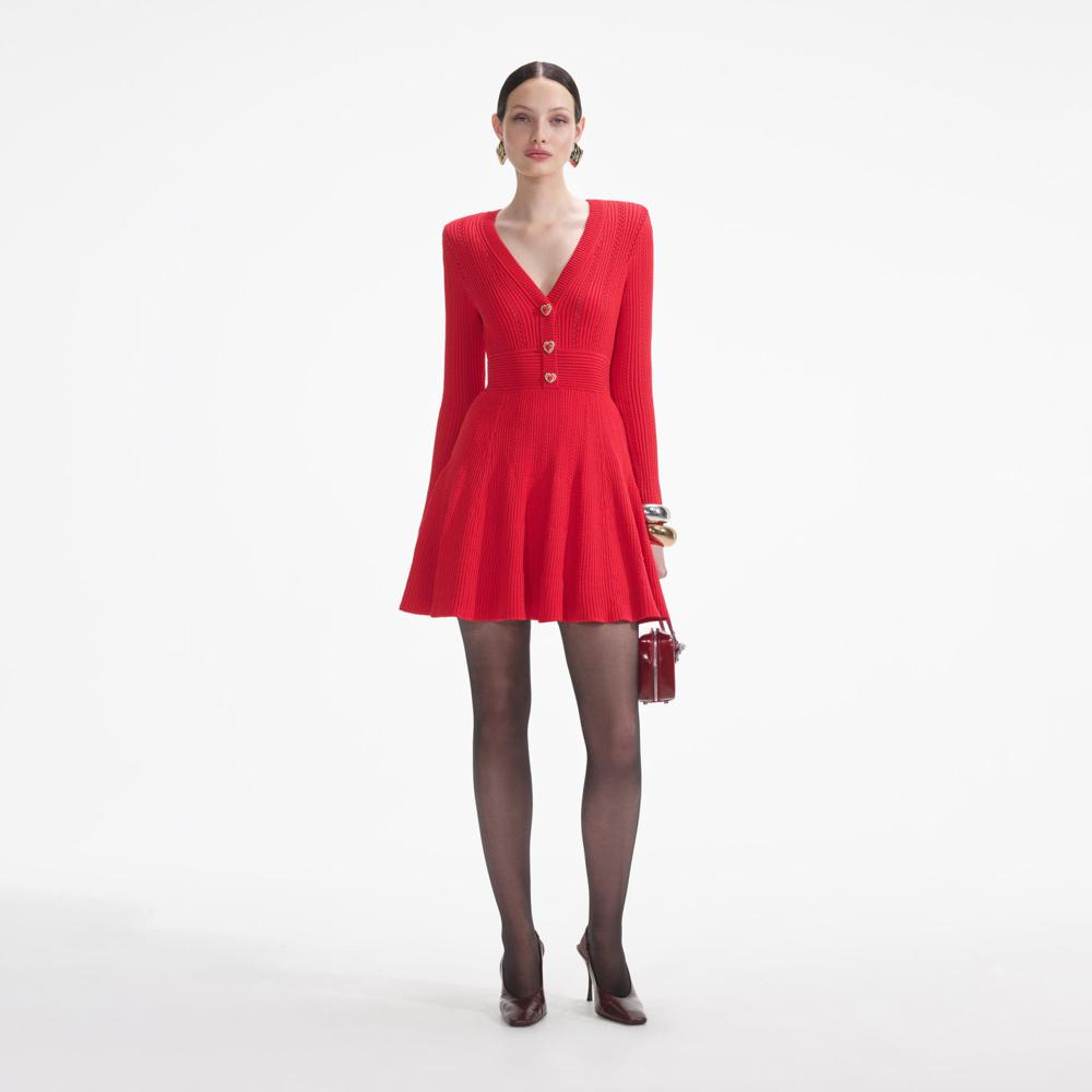 SELF PORTRAIT SS24 Red Pointelle Knit Mini Dress