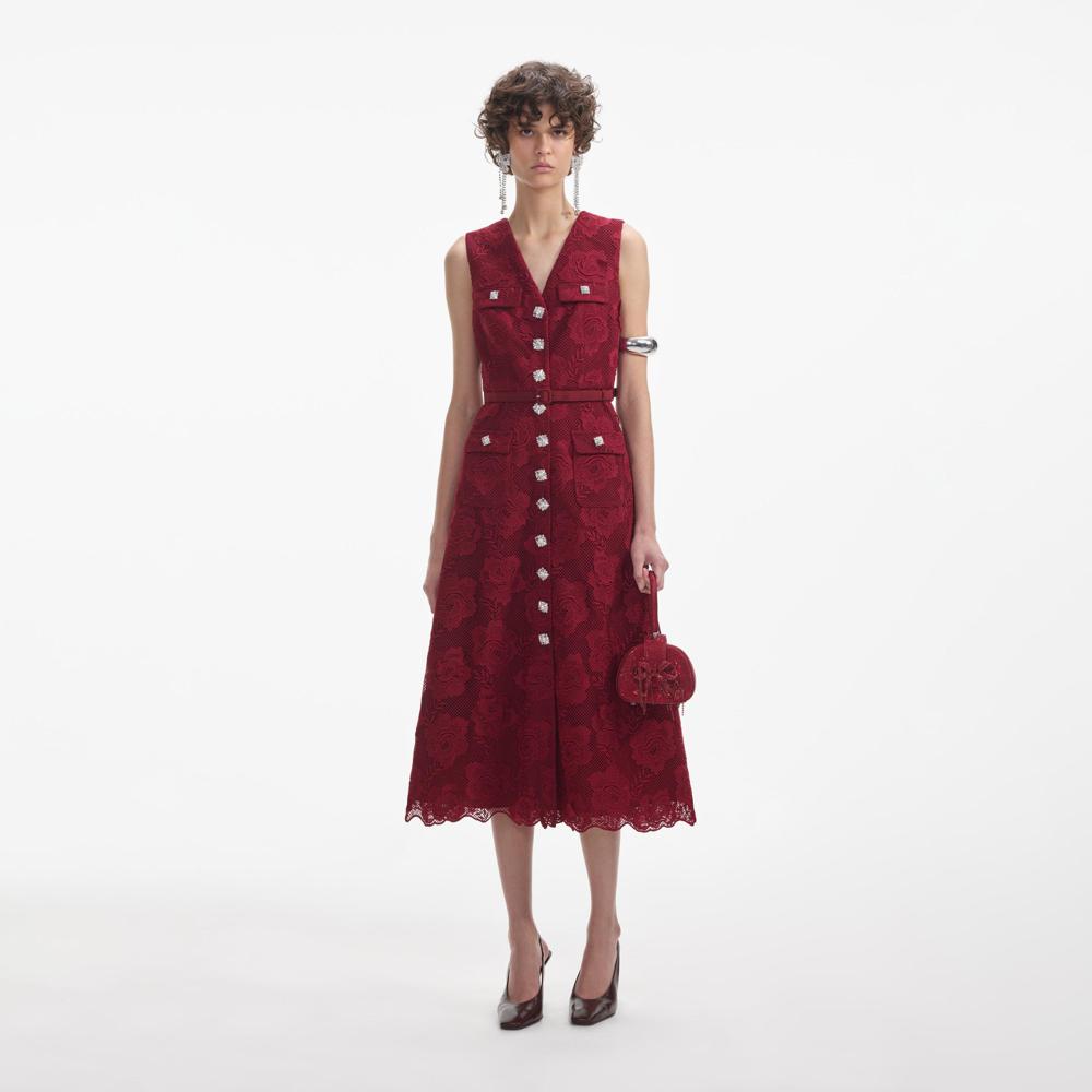 SELF PORTRAIT SS24 Burgundy Lace Buttoned Midi Dress