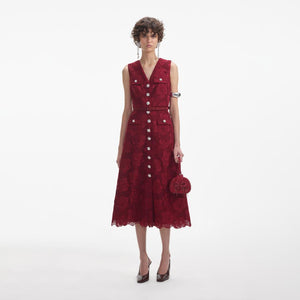 SELF PORTRAIT SS24 Burgundy Lace Buttoned Midi Dress