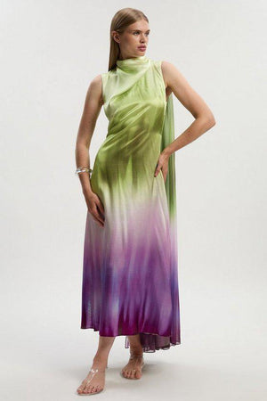 Karen Millen UK SALE Ombre Satin Drape Georgette Cape Detail Midi Dress