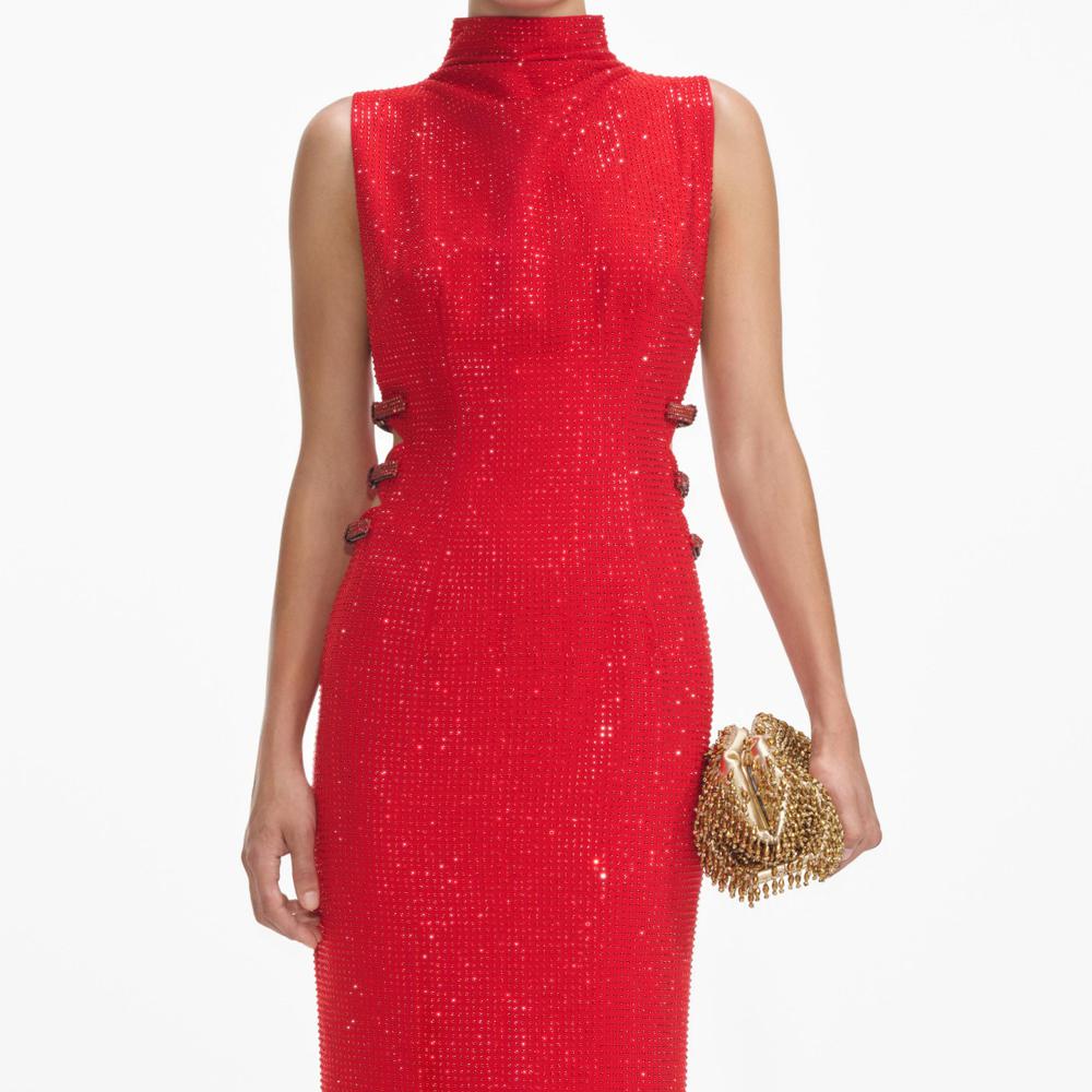 SELF PORTRAIT SS24 Red Rhinestone Crepe Maxi Dress