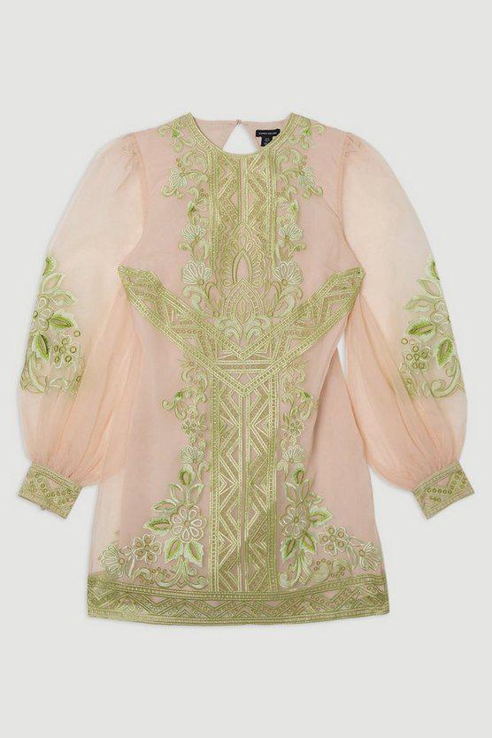 Karen Millen UK SALE Embroidered Organdie Balloon Woven Mini Dress - lime