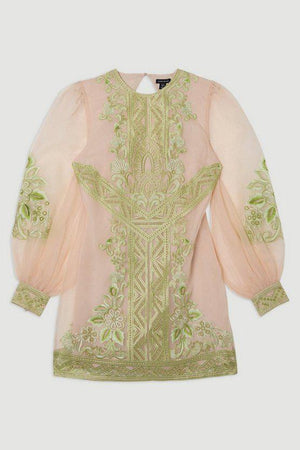 Karen Millen UK SALE Embroidered Organdie Balloon Woven Mini Dress - lime