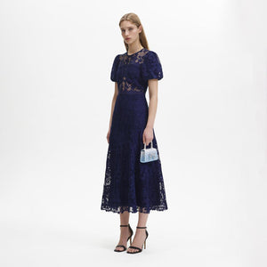 SELF PORTRAIT BLACK FRIDAY SALE Navy Lace Puff Sleeve Midi Dress