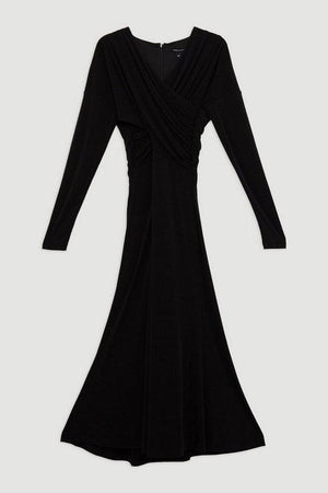 Karen Millen UK SALE Ruched Jersey Crepe Midi Dress - black