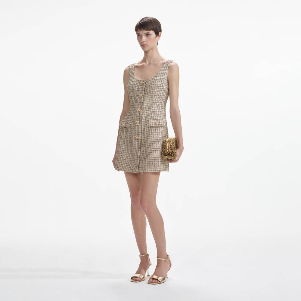 SELF PORTRAIT SS24 Gold Boucle Mini Dress