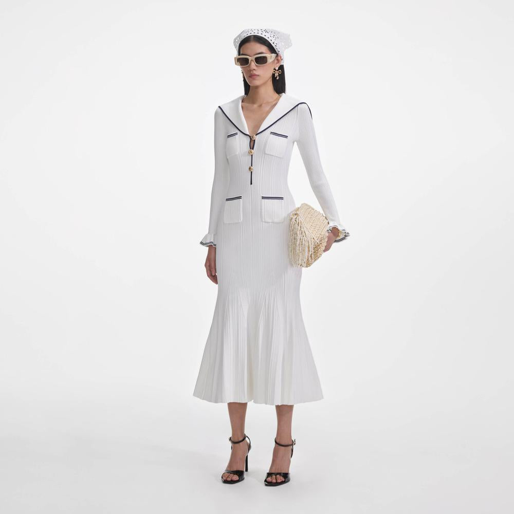 SELF PORTRAIT SS25 VIP PRICE White Viscose Rib Knit Midi Dress