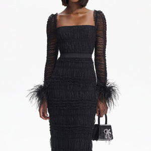 SELF PORTRAIT BLACK FRIDAY SALE Black Dot Mesh Feather Midi Dress