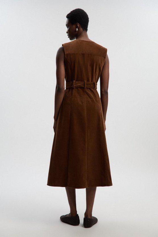 Karen Millen UK SALE Stretch Cord Belted Midi Dress - tan