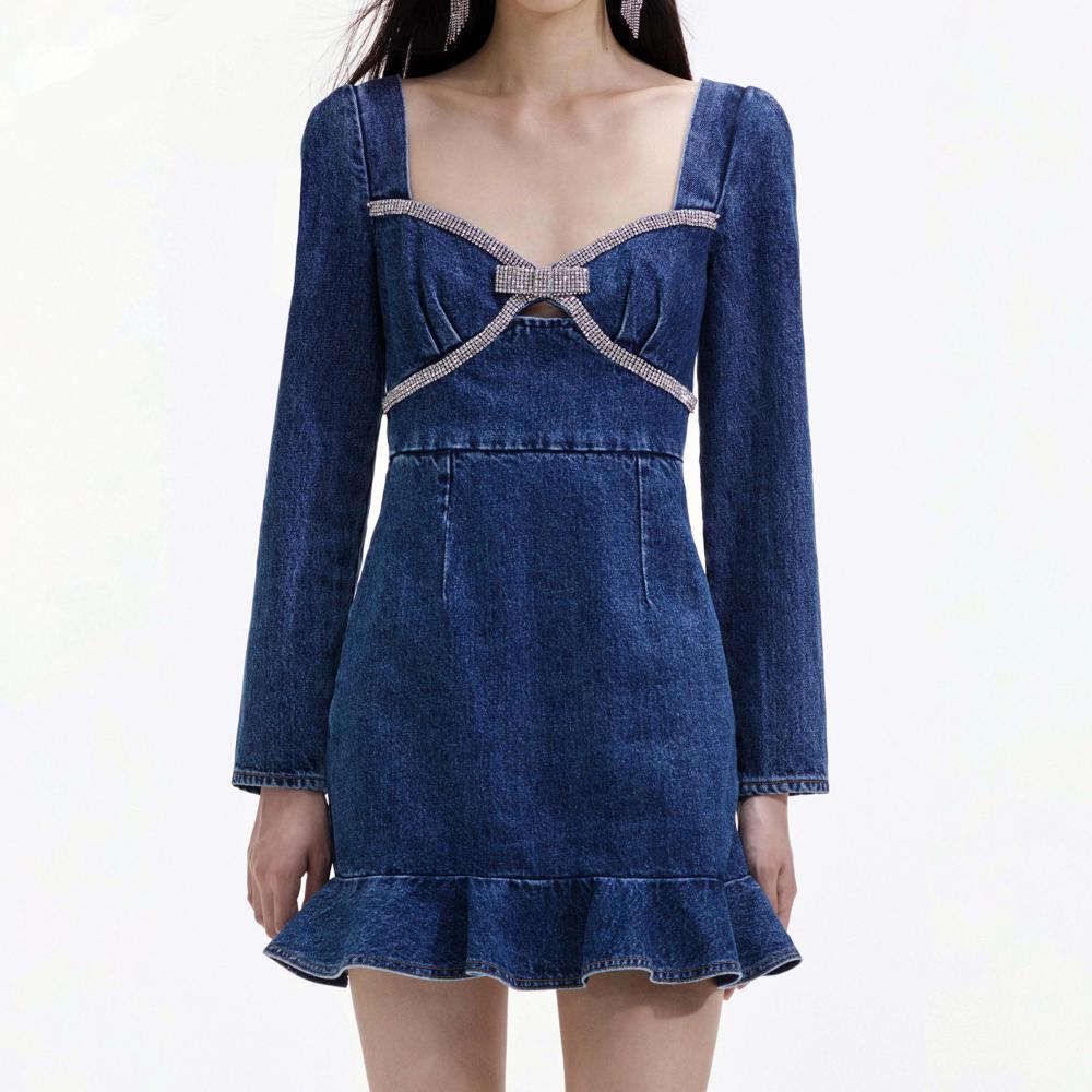 SELF PORTRAIT BLACK FRIDAY SALE Denim Diamante Bow Mini Dress