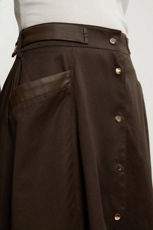 Karen Millen UK SALE Cotton & Faux Leather Tab Full Maxi Skirt - chocolate
