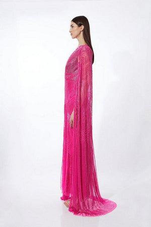 Karen Millen UK SALE Premium Embellished Caped Maxi Dress - hot pink