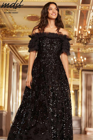 Needle & Thread CHRISTMAS SALE Sequin Wreath Off-Shoulder Gown - black