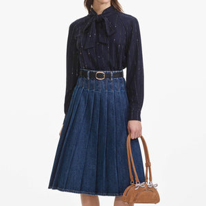 SELF PORTRAIT SS25 VIP PRICE Pleated Denim Midi Skirt