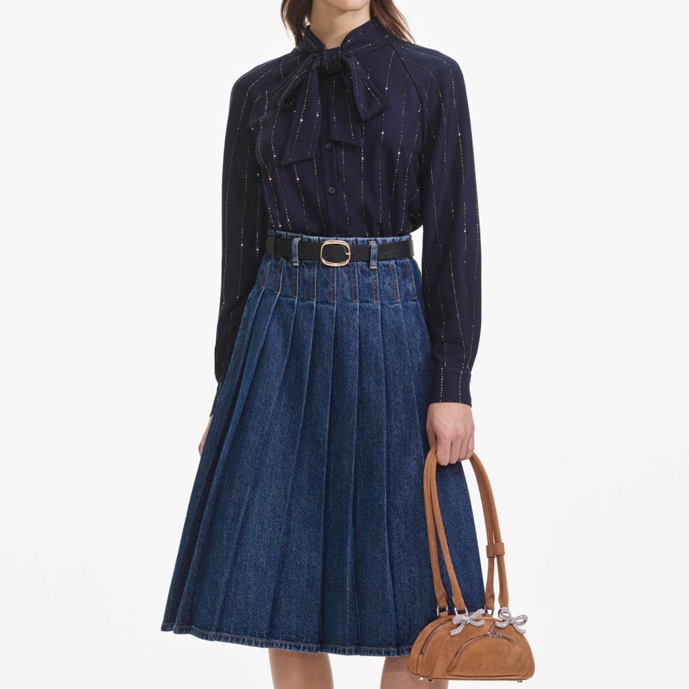 SP VIP PRICE Pleated Denim Midi Skirt