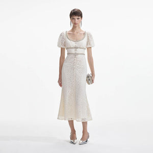 SELF PORTRAIT SS24 Cream Lace Diamante Trim Midi Dress