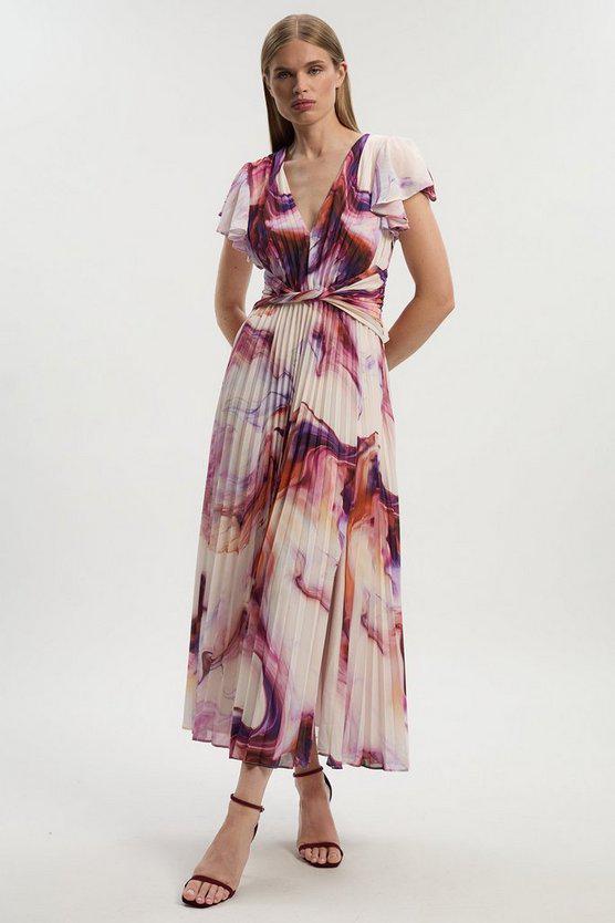 Karen Millen UK SALE Marble Soft Pleated V Neck Woven Maxi Dress