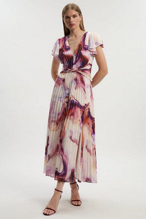 Karen Millen UK SALE Marble Soft Pleated V Neck Woven Maxi Dress