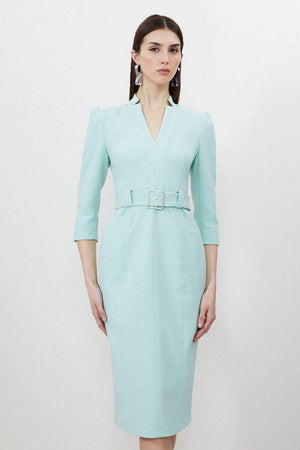 Karen Millen UK SALE Compact Stretch Tailored Forever Belted Midi Dress - sage