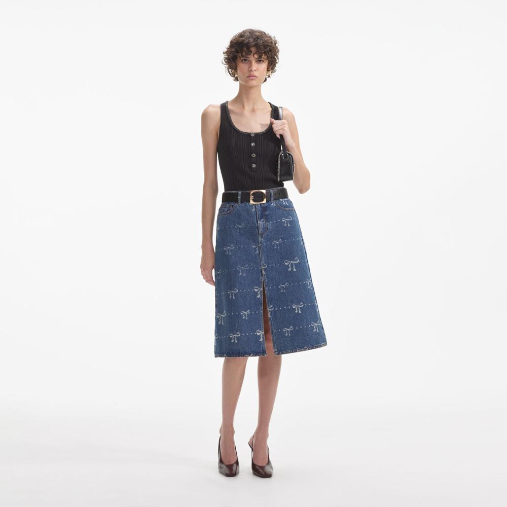 SELF PORTRAIT SS24 Bow Print Denim Midi Skirt