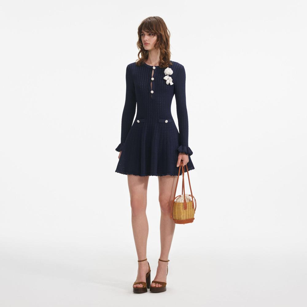 SP VIP PRICE Navy Pointelle Knit Crochet Flower Mini Dress
