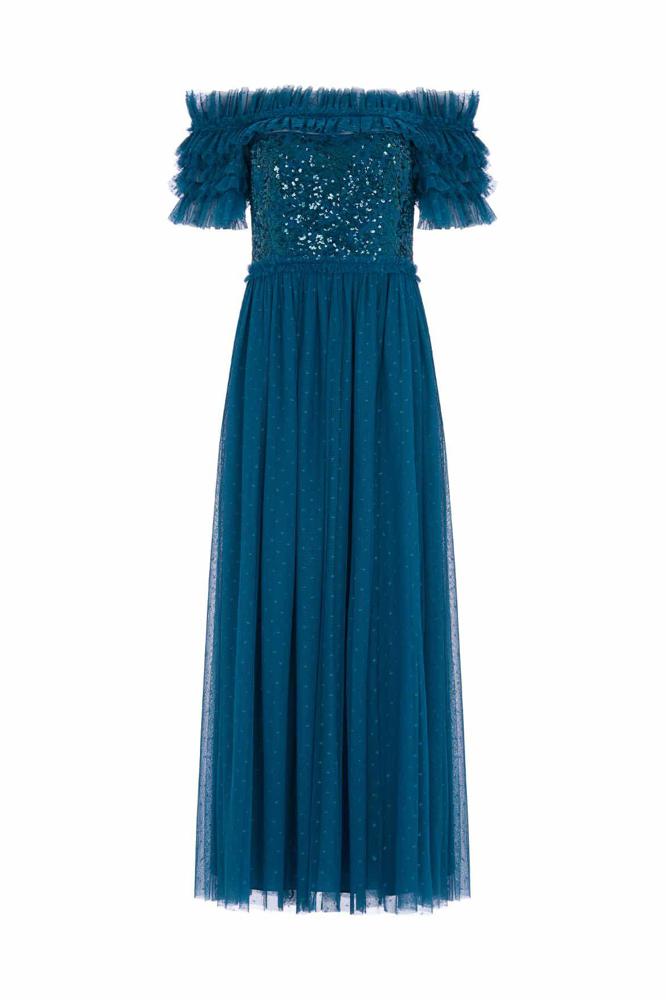 Needle & Thread CYBER SALE Sequin Wreath Bodice Off-Shoulder Ankle Gown - blue