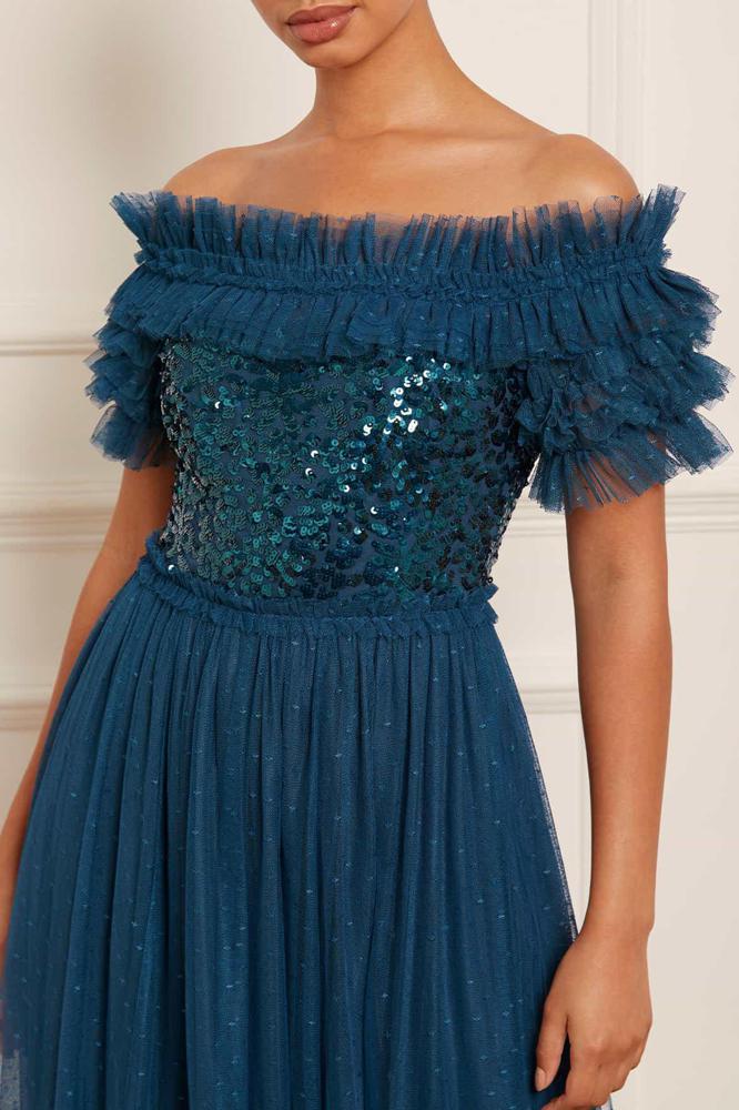 Needle & Thread CYBER SALE Sequin Wreath Bodice Off-Shoulder Ankle Gown - blue