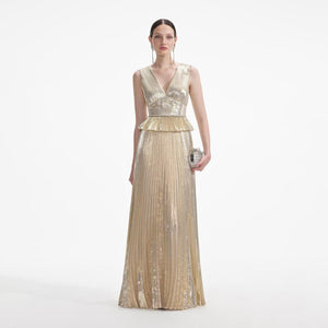 SELF PORTRAIT VIP SS24 Gold Metallic V-Neck Maxi Dress